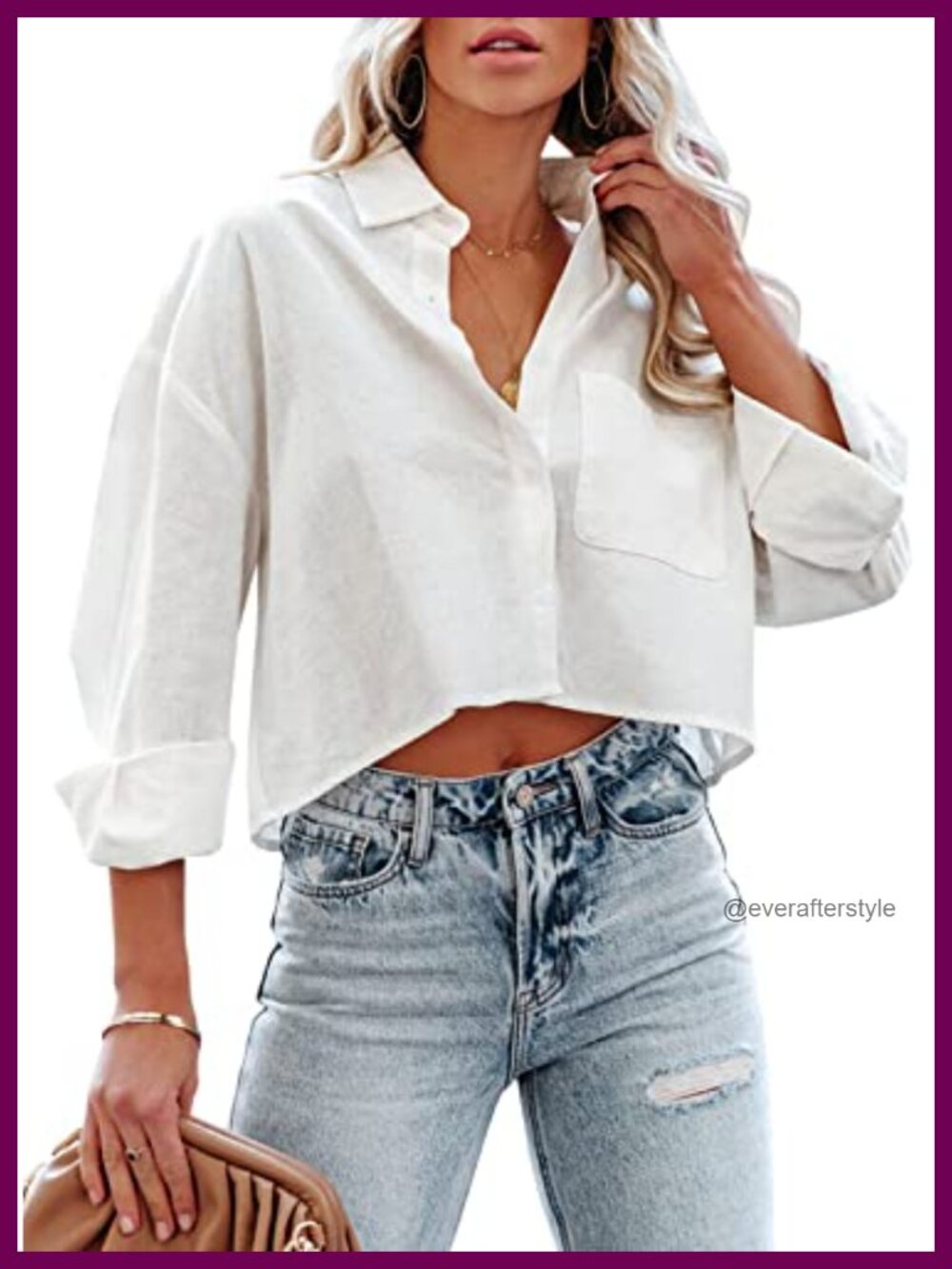 Women's Long Sleeve Cotton Crop Button Down Shirt